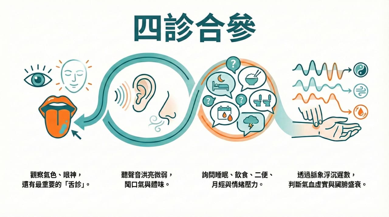 中醫四診合參流程：望診、舌診、脈診、問診