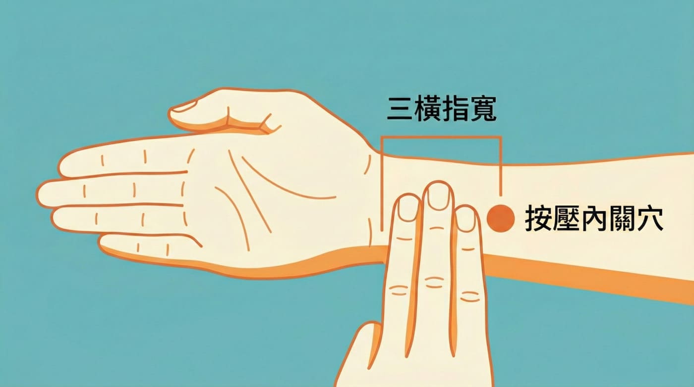內關穴位置,手腕內側三指幅,按摩緩解胃痛與焦慮