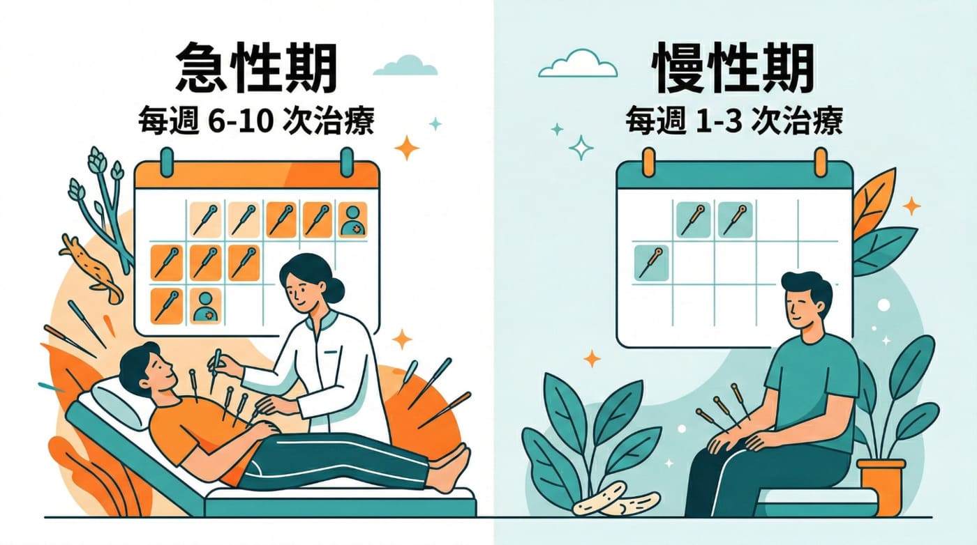 針灸療程頻率建議圖表,急性期與慢性期時間規劃