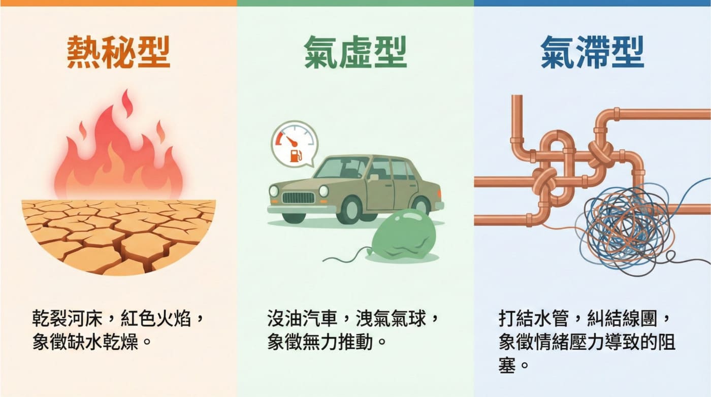 中醫便秘體質分類圖表:熱秘型、氣虛型、氣滯型症狀說明