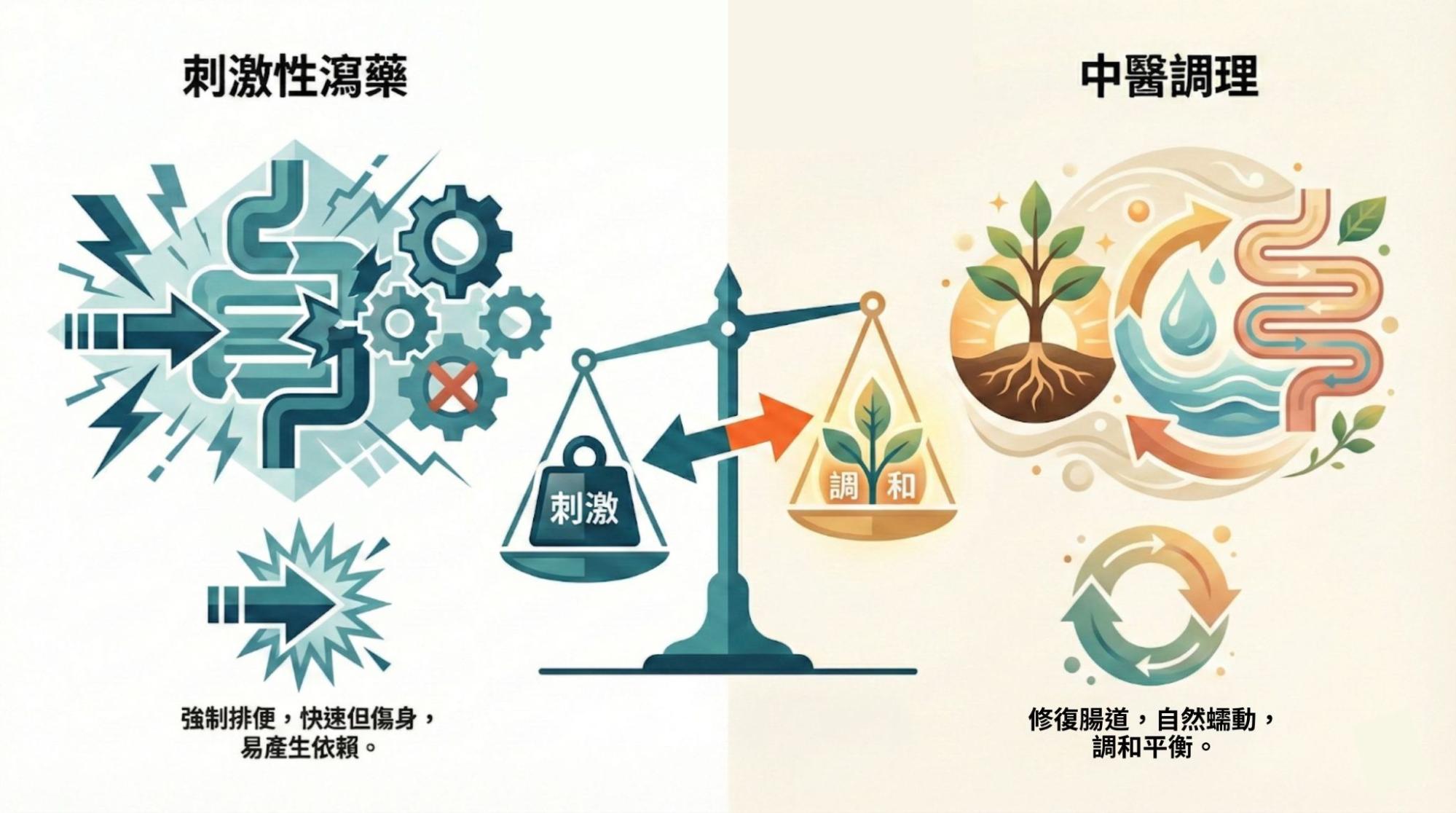 中醫治療便秘與西藥瀉藥比較圖表,修復腸道自癒力示意圖