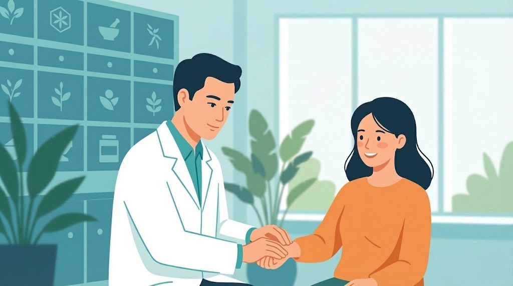 中醫診所醫師為女性患者把脈諮詢