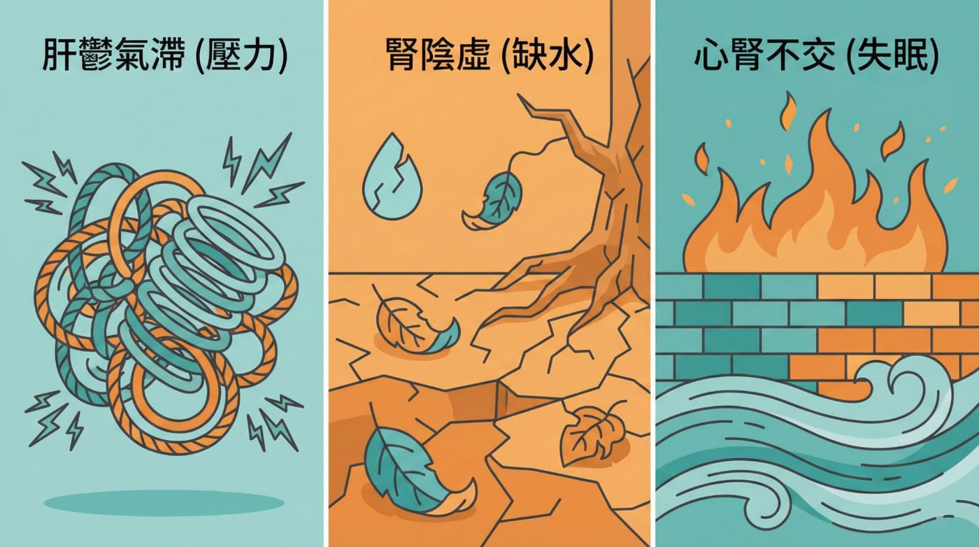 中醫更年期三種體質自我檢測:肝鬱氣滯、腎陰虛與心腎不交的症狀特徵比較