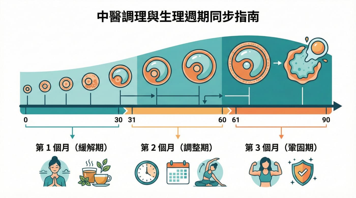 中醫調理月經療程、90天體質調理計畫、卵泡發育週期圖、月經週期療法說明