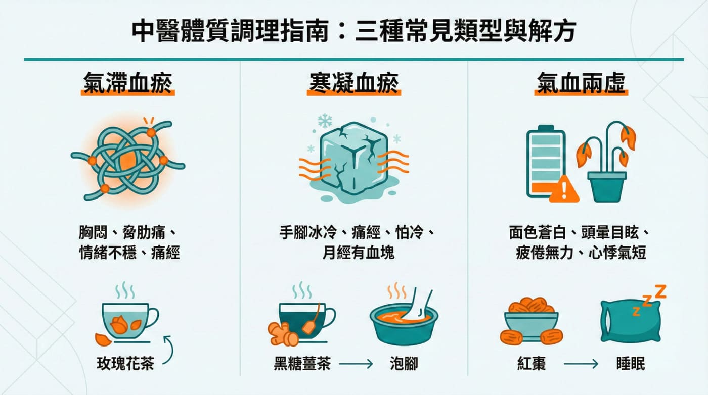 中醫經痛體質檢測、氣滯血瘀、寒凝血瘀、氣血兩虛症狀圖解、中醫體質分析表
